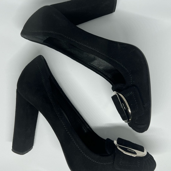 Prada Shoes - PRADA BLACK SUEDE LEATHER SILVER BUCKLE CHUNKY HEELS EU 41 AU 10 DESIGNER CHIC